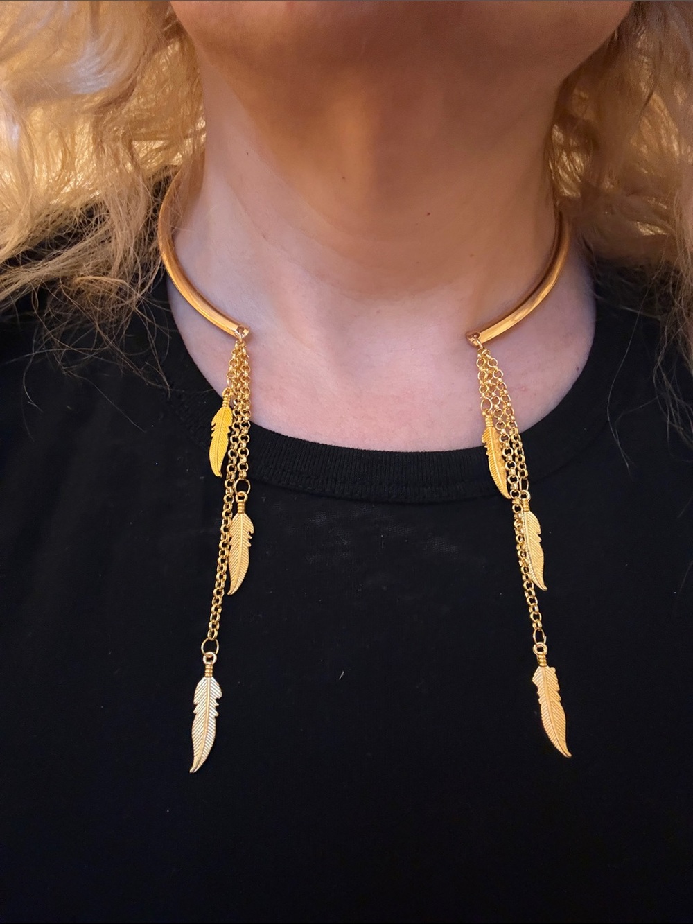 Hand-Crafted Gold Feather Drop Open Collar Necklace